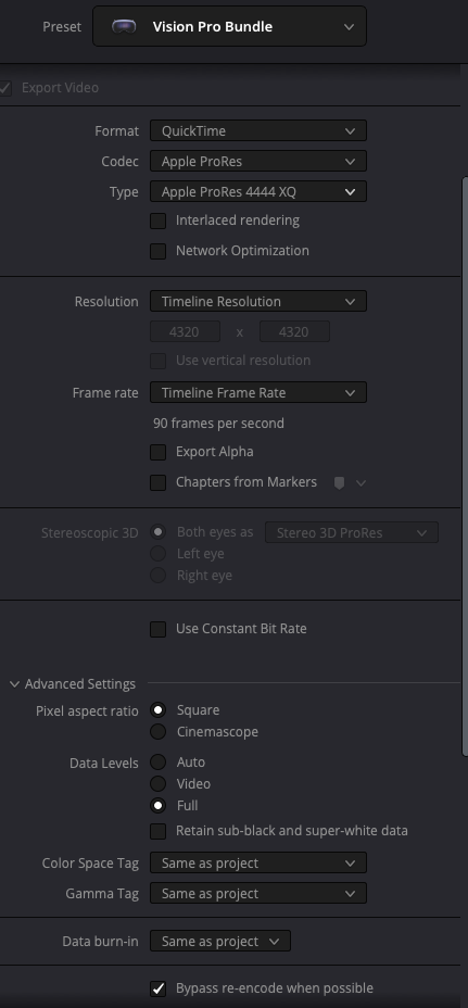 DaVinci Resolve video export settings using the Vision Pro Bundle preset with Apple ProRes 4444 XQ