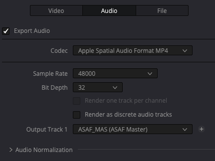 DaVinci Resolve audio export settings using Apple Spatial Audio Format MP4