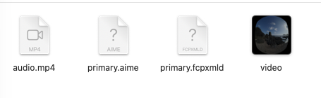 Finder showing audio.mp4, primary.aime, primary.fcpxmld, and video.mov