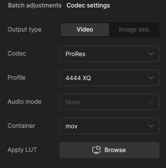 Topaz Video AI codec settings set to ProRes 4444 XQ in a mov container