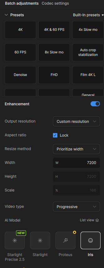 Topaz Video AI enhancement settings with a 7200 pixel width and the Iris model selected